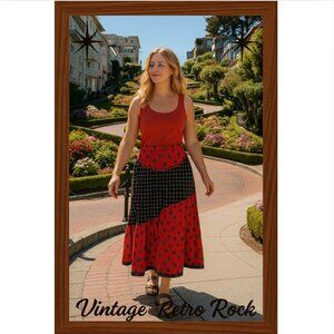 Jeanne Marc Window Pain Geometric Skirt w/Belt Long Red Black Women Elastic S